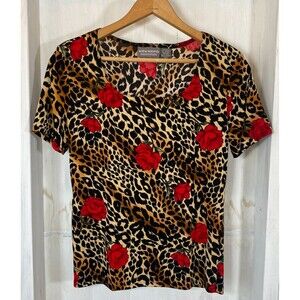 Y2K Kathy Ireland Mob Wife Cheetah Roses Stretchy Small Shirt